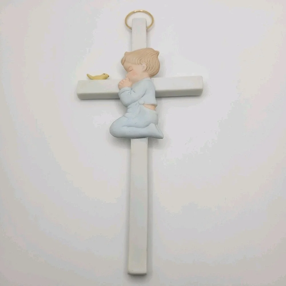 Vintage‎ Lefton Praying Boy Cross Wall Hanging Porcelain 1985 Bird Figurine